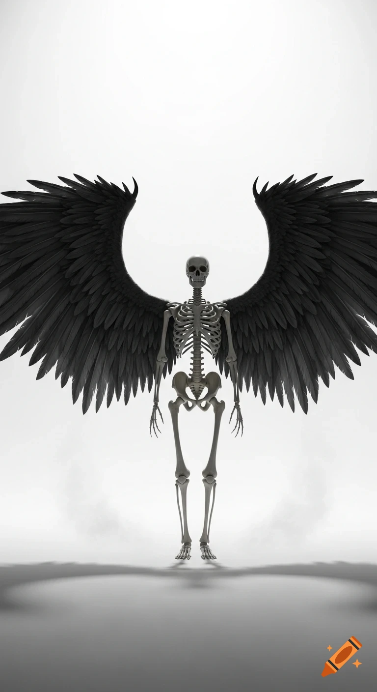 A tall skeleton with large dark grey wings stands in a stark white void, depicted in a clean, high-contrast style.