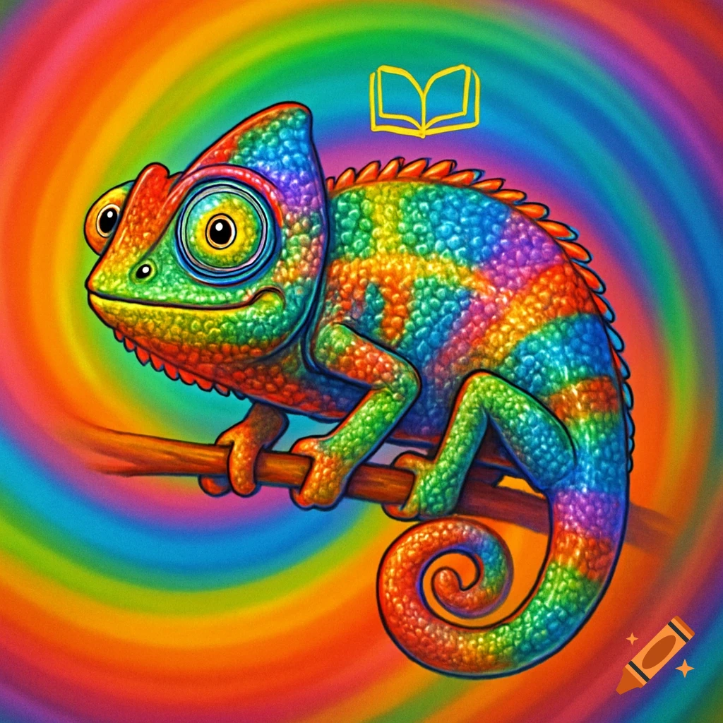 A colorful cartoon chameleon sits on a branch against a vibrant, swirling rainbow background, with a yellow open book icon above its head.
