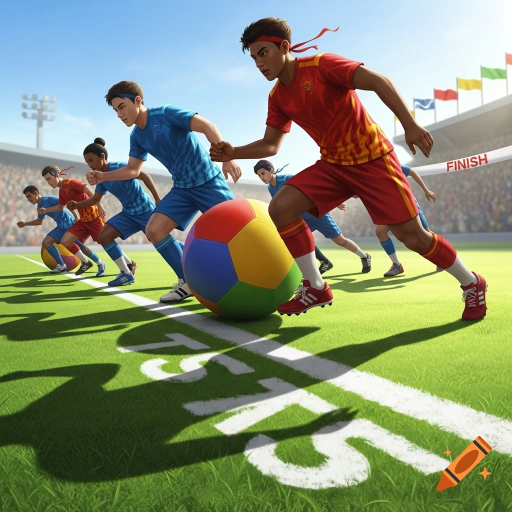 Athletes in red and blue uniforms race across a green field, pushing colorful oversized balls towards a finish line banner in a bright stadium.