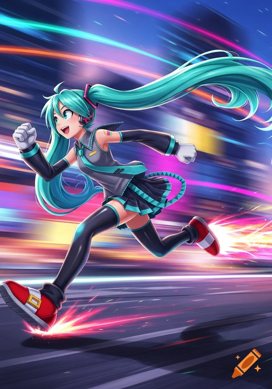 Energetic anime character Hatsune Miku, wearing red Sonic shoes, running with teal pigtails flowing against a vibrant, speed-blurred background.