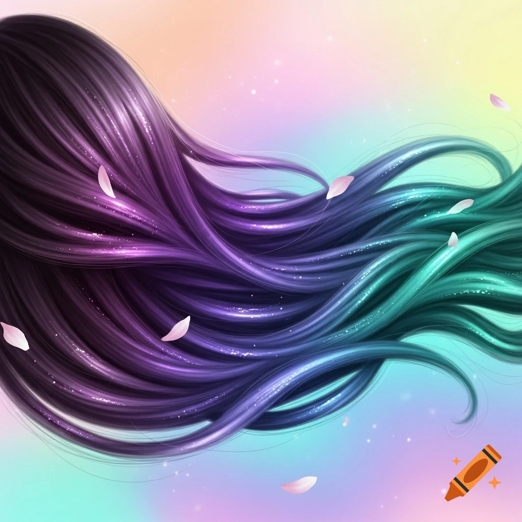 Stylized illustration of flowing hair with purple to teal gradient colors, adorned with pink petals against a soft pastel background.