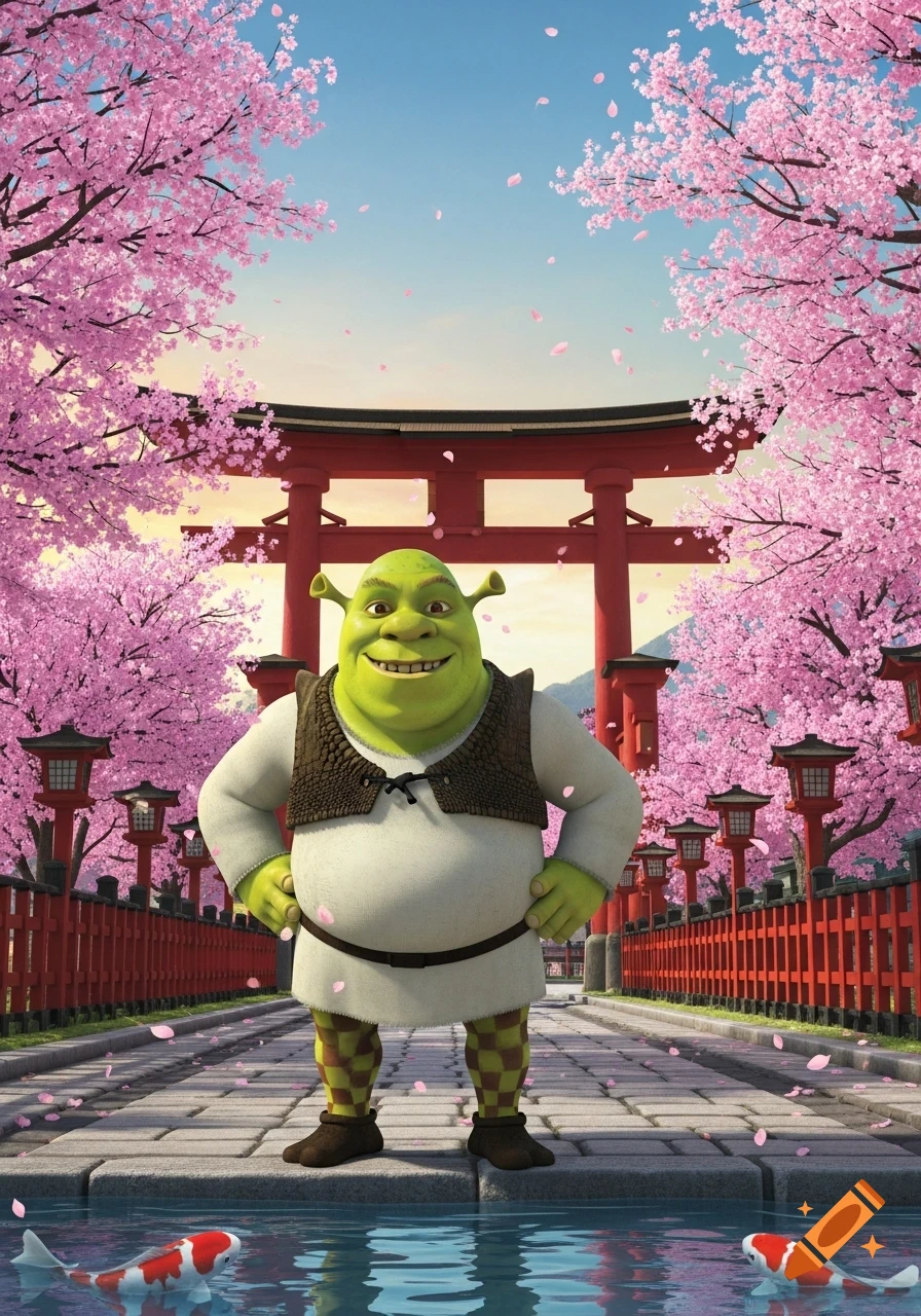 Shrek smiles, standing on a stone path surrounded by pink cherry blossom trees, a red Torii gate, and koi fish.