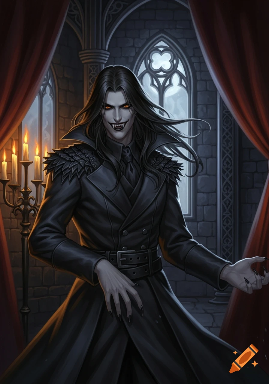 A male vampire with long dark hair, fangs, and glowing eyes, wearing a black gothic coat in a dark castle room.