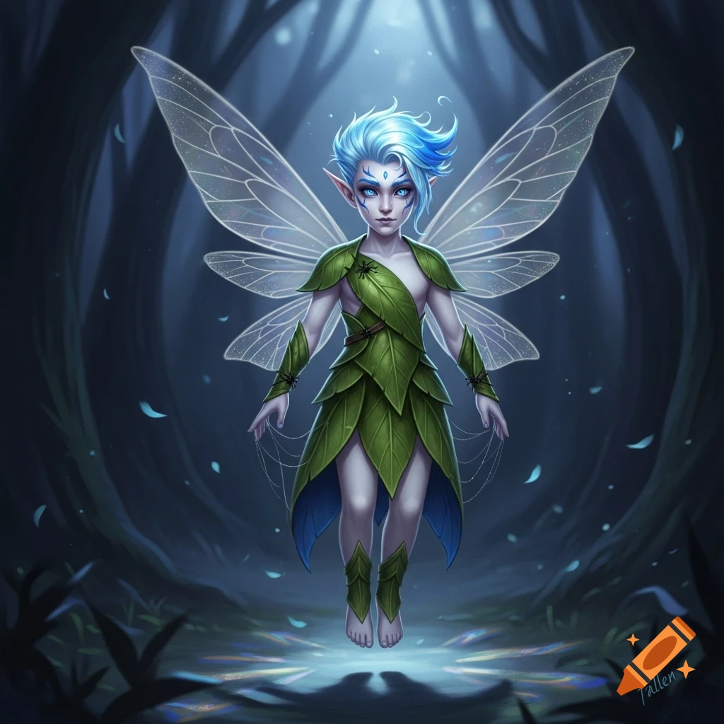 A pale, blue-haired male faerie in leaf garments with shimmery wings floats in a dark, ethereal forest.