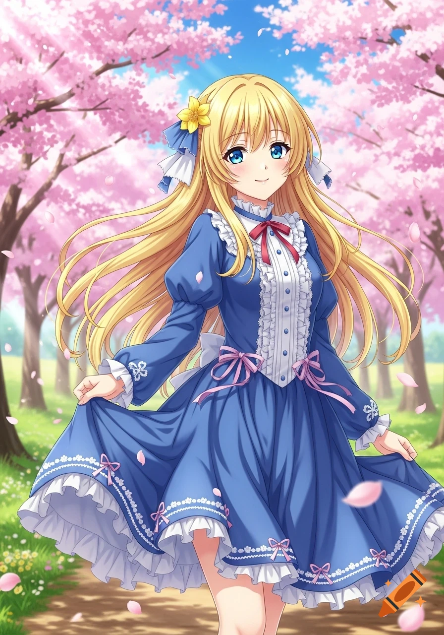 Blonde anime girl in a blue dress smiling in a cherry blossom park, with petals falling.