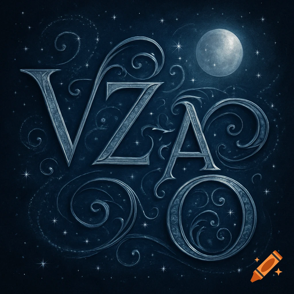 Stylized metallic letters 'VZ AO' against a dark blue, starry night sky with a full moon.