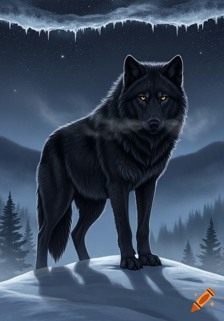 A majestic black wolf with glowing yellow eyes stands on a snowy hill at night, surrounded by a winter forest and mountains, with icicles overhead.
