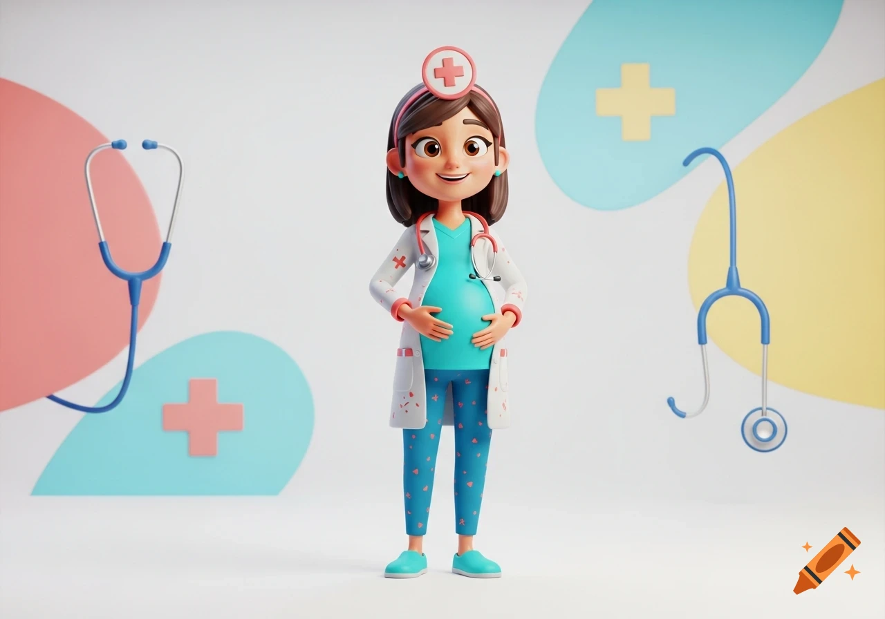 A 3D cartoon of a smiling, pregnant female doctor in a white coat and blue scrubs, holding her belly, with stethoscopes and medical cross symbols in the background.