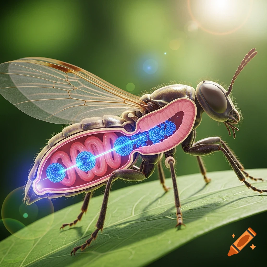 Scientific illustration of an insect's abdomen cross-section, showing glowing blue particles interacting with pink internal structures on a leaf.