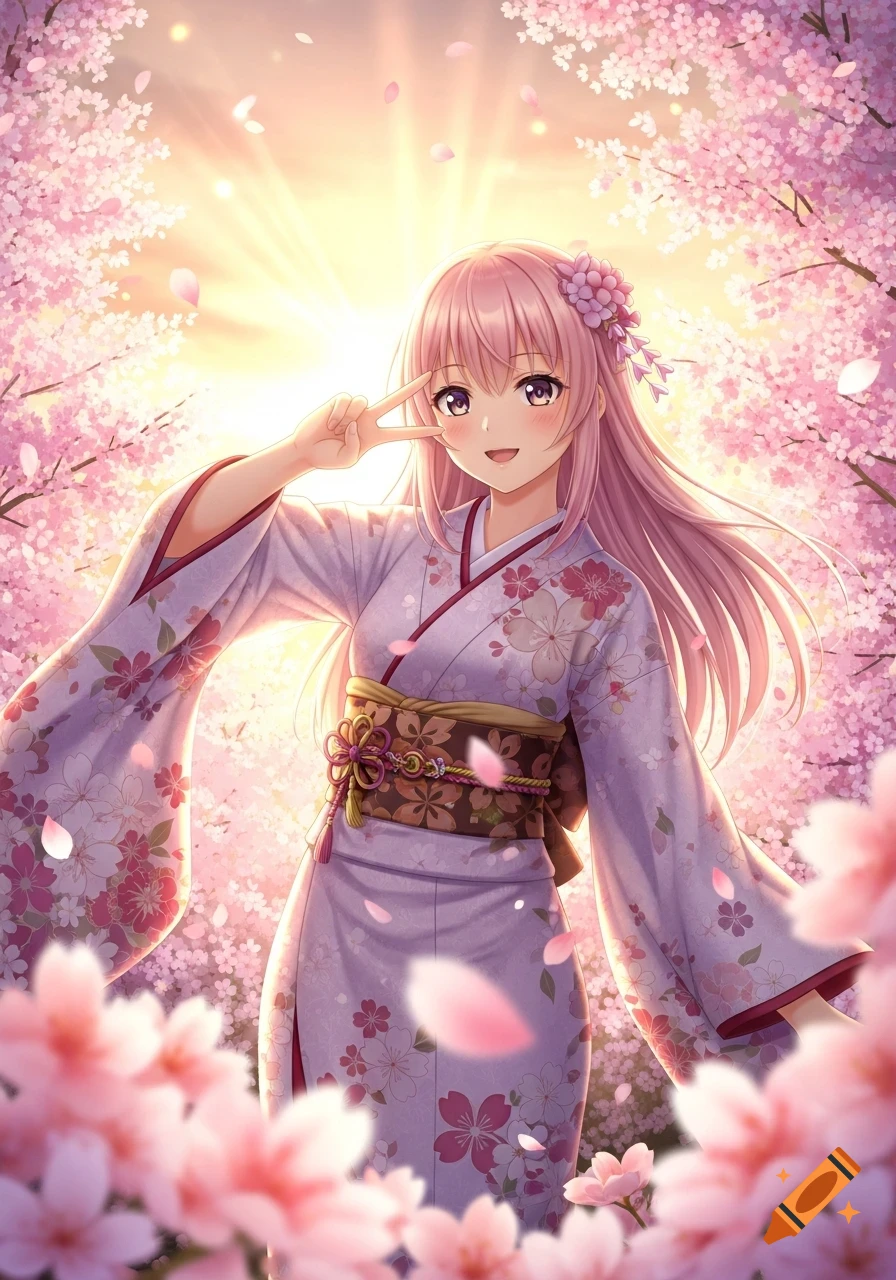 Anime girl with pink hair in a kimono making a peace sign amidst blooming cherry blossoms at sunrise.