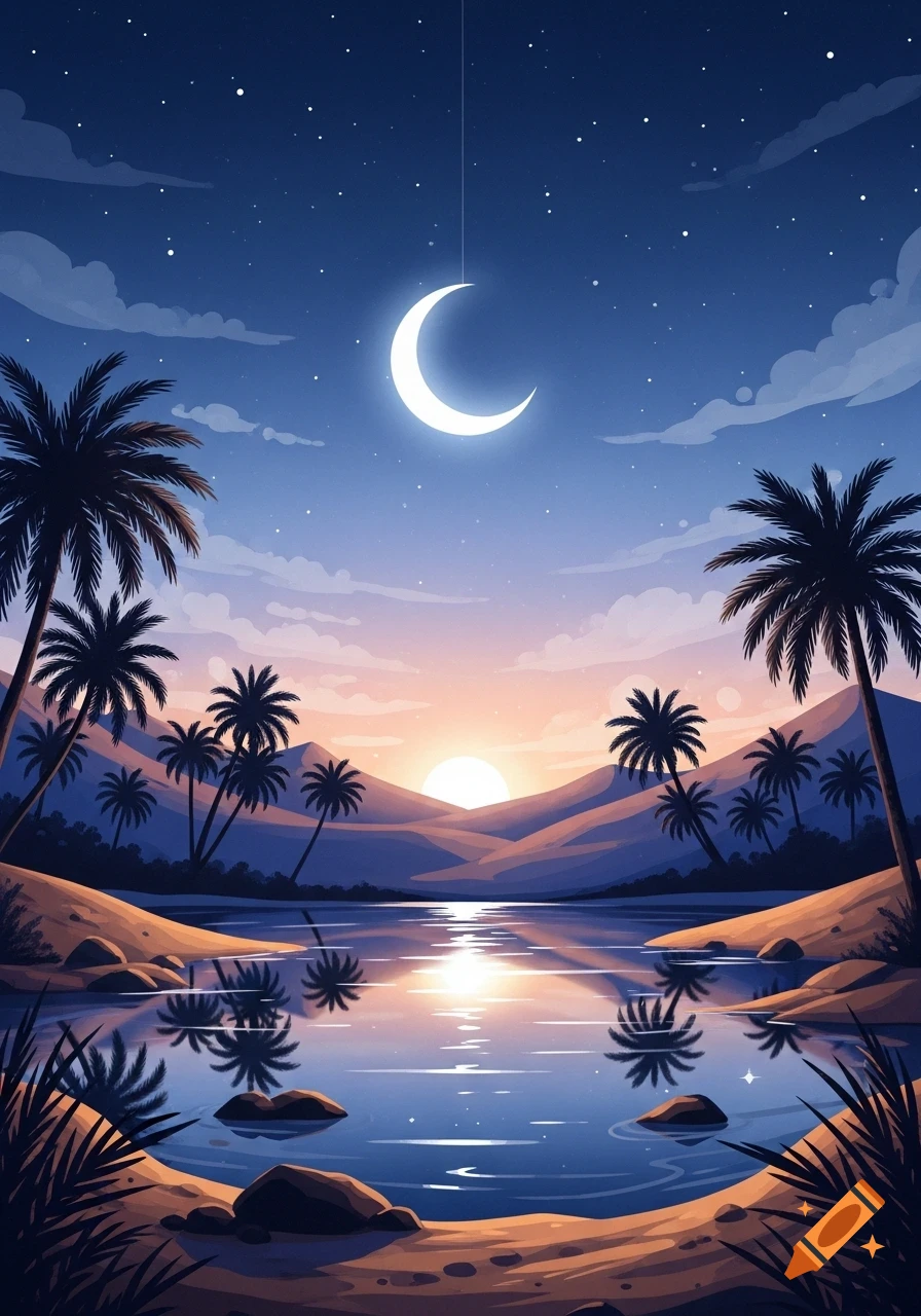 A stylized landscape at twilight with a bright crescent moon, stars, and palm trees framing a lake reflecting the setting sun and mountains.