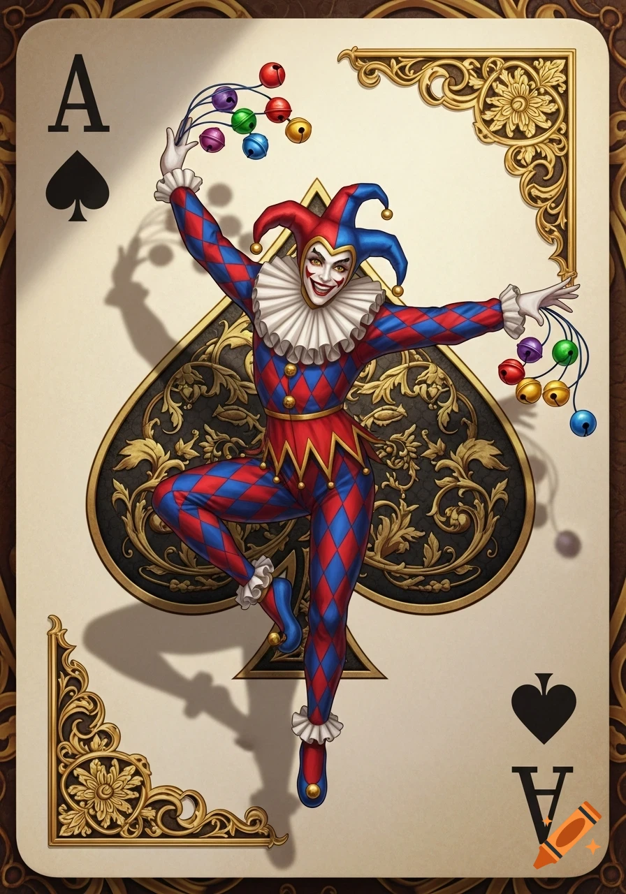 An illustrated ace of spades playing card features a whimsical jester in a red and blue harlequin suit, holding colorful bells.