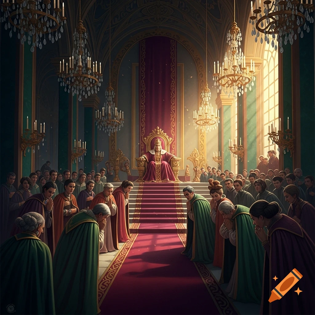 A robed monarch sits on a golden throne in an opulent hall, with many bowing subjects and grand chandeliers.