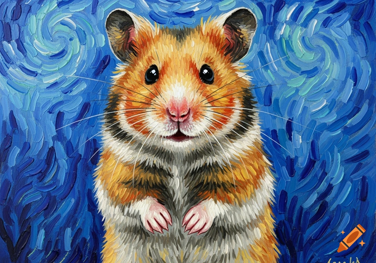 Close-up painting of a golden hamster with a pink nose and whiskers, against a swirling blue background in the style of Van Gogh.
