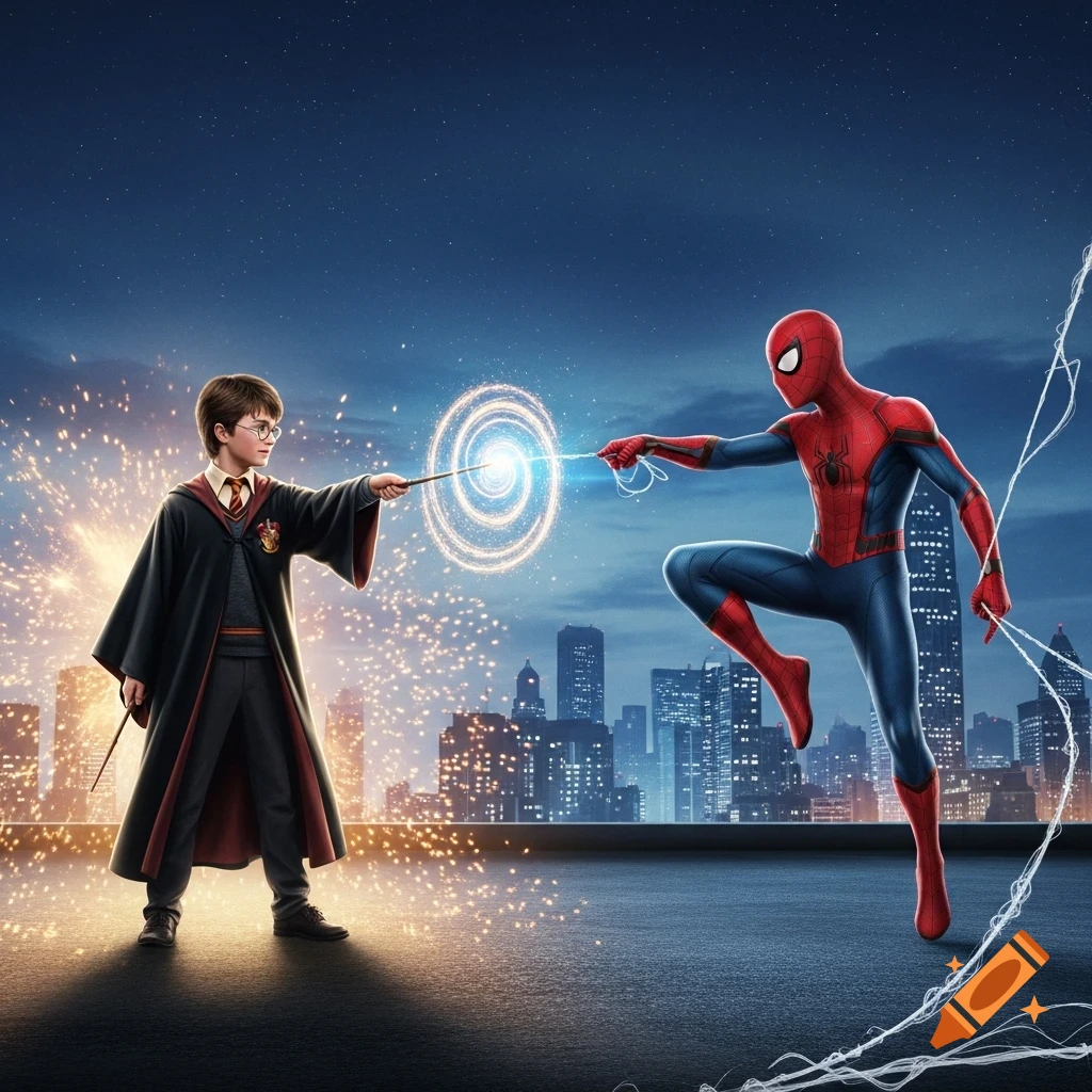 Harry Potter casts a glowing spiral spell at Spider-Man, who is poised to leap on a city rooftop at night.