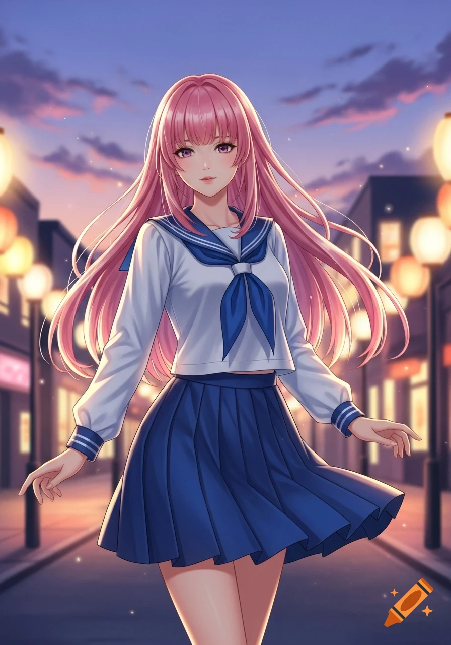 An anime girl with long pink hair, wearing a white and blue sailor uniform, stands on a city street at dusk with glowing lanterns.