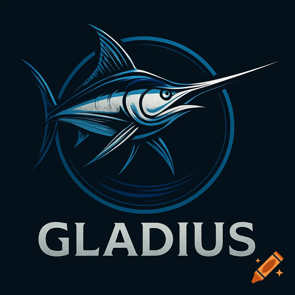Stylized blue and white swordfish logo within a circular design, with the word "GLADIUS" below it, all on a dark background.