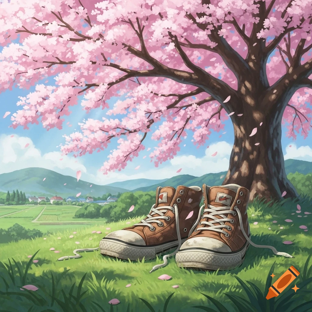 A pair of brown sneakers rests in a grassy field under a pink cherry blossom tree, with a rural landscape in Ghibli anime style.