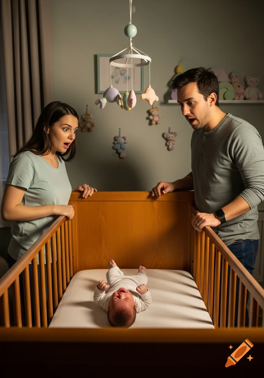 Shocked parents look down at their crying newborn baby in a wooden crib in a nursery.