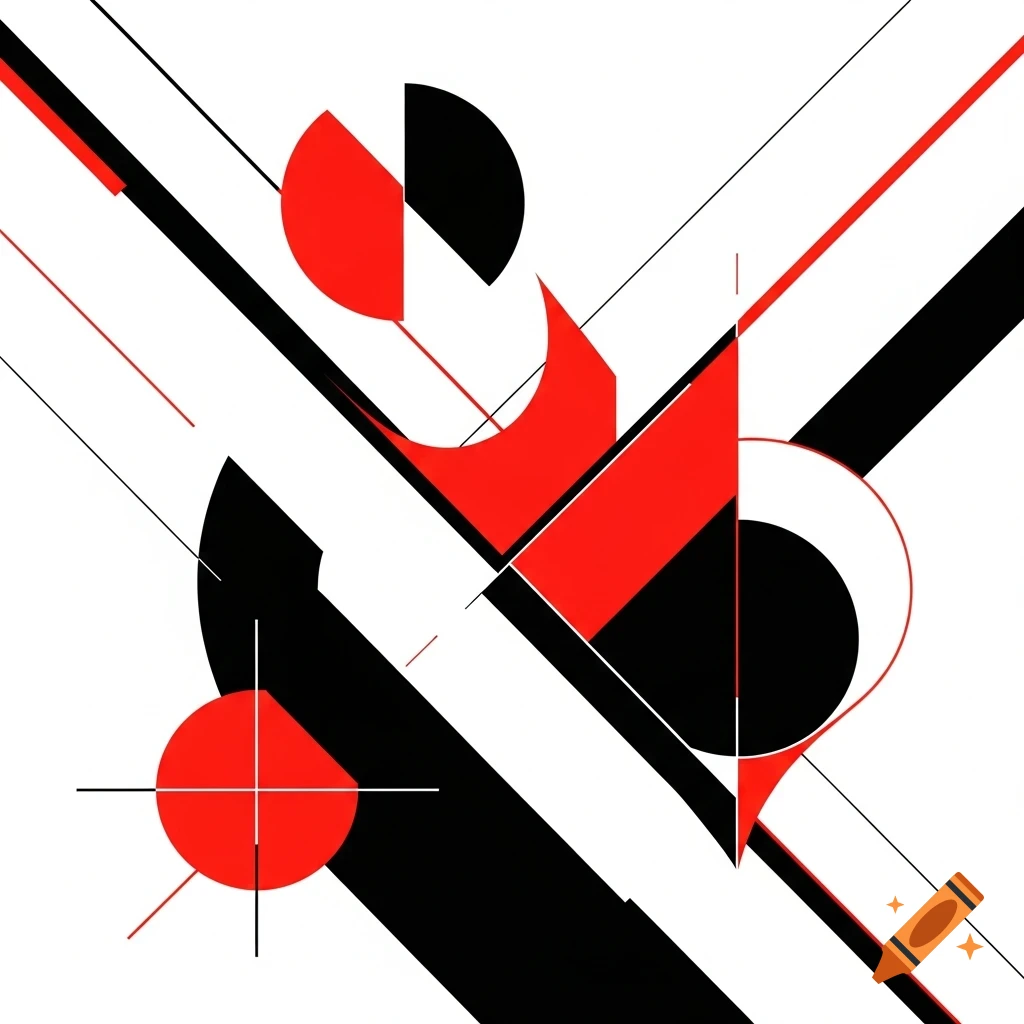Abstract art with red and black geometric shapes and lines on a white background, featuring circles, semicircles, and thick diagonal stripes.