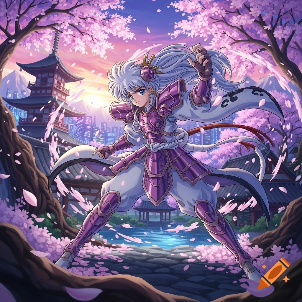 Anime warrior with white hair and purple armor stands among falling pink cherry blossoms in a Japanese setting with a pagoda and city.