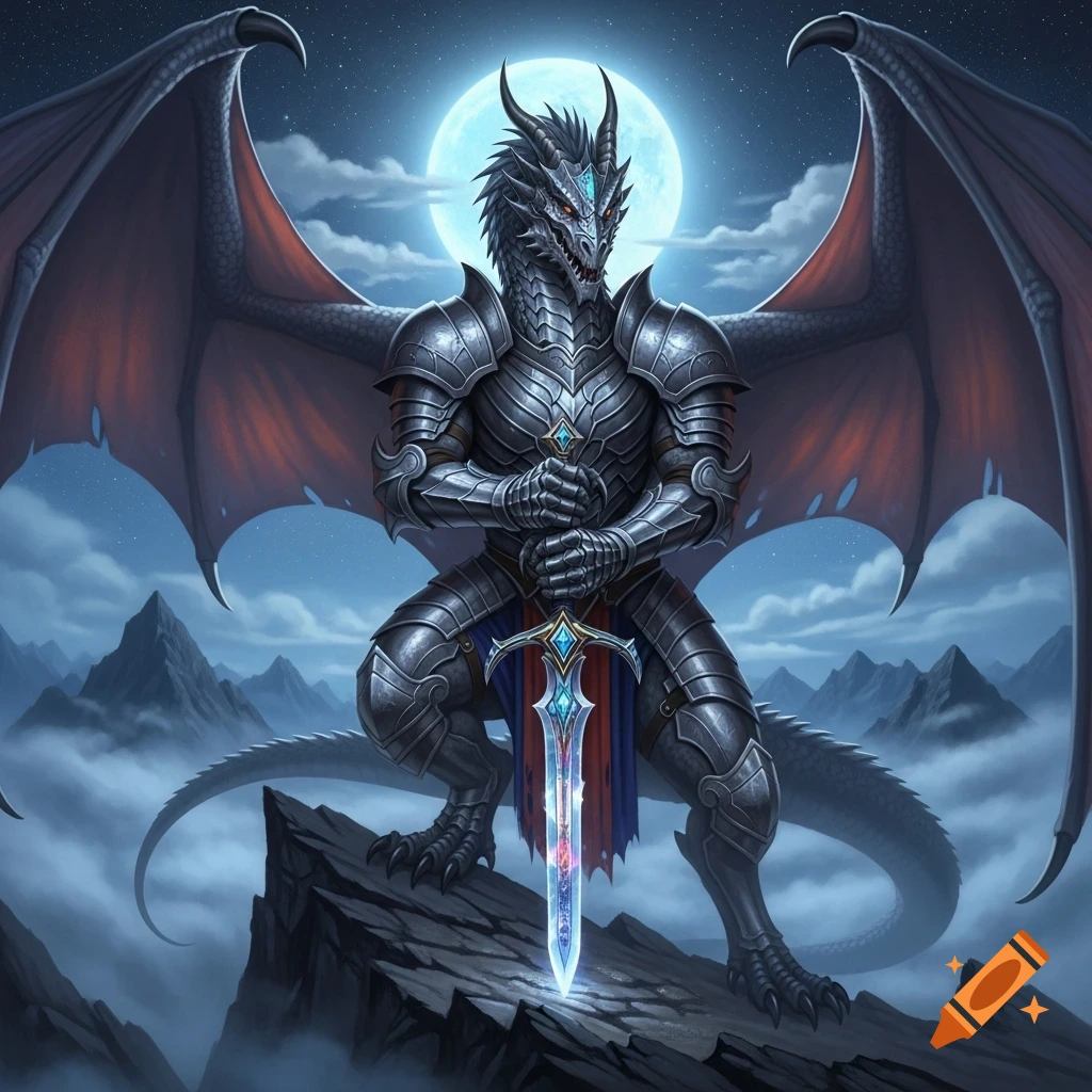 A majestic dragon in silver armor holds a glowing diamond sword, standing on a misty mountain peak under a full moon.