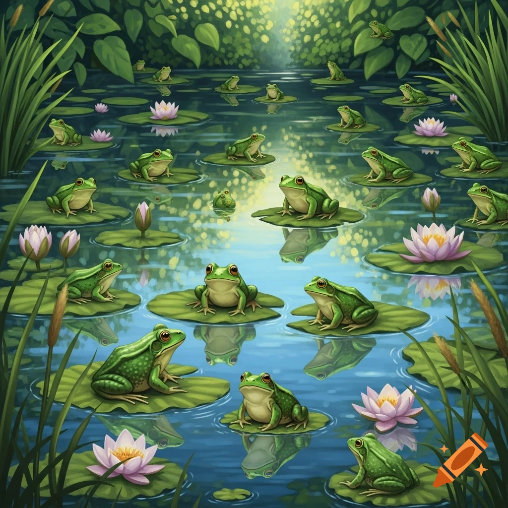 Many green frogs sit on lily pads in a bright, lush pond with pink water lilies and reflections.