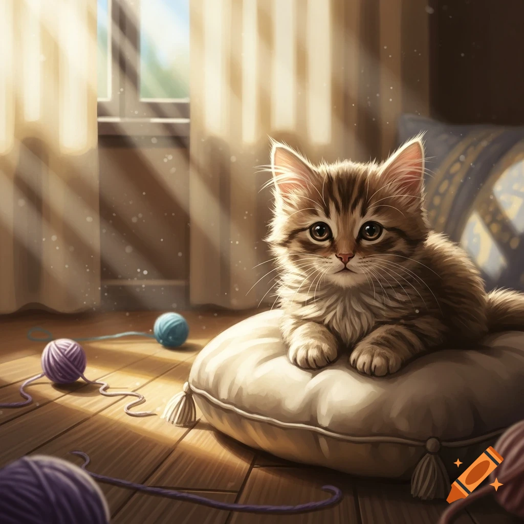 A fluffy tabby kitten rests on a pillow in a sunlit room, surrounded by colorful yarn balls.
