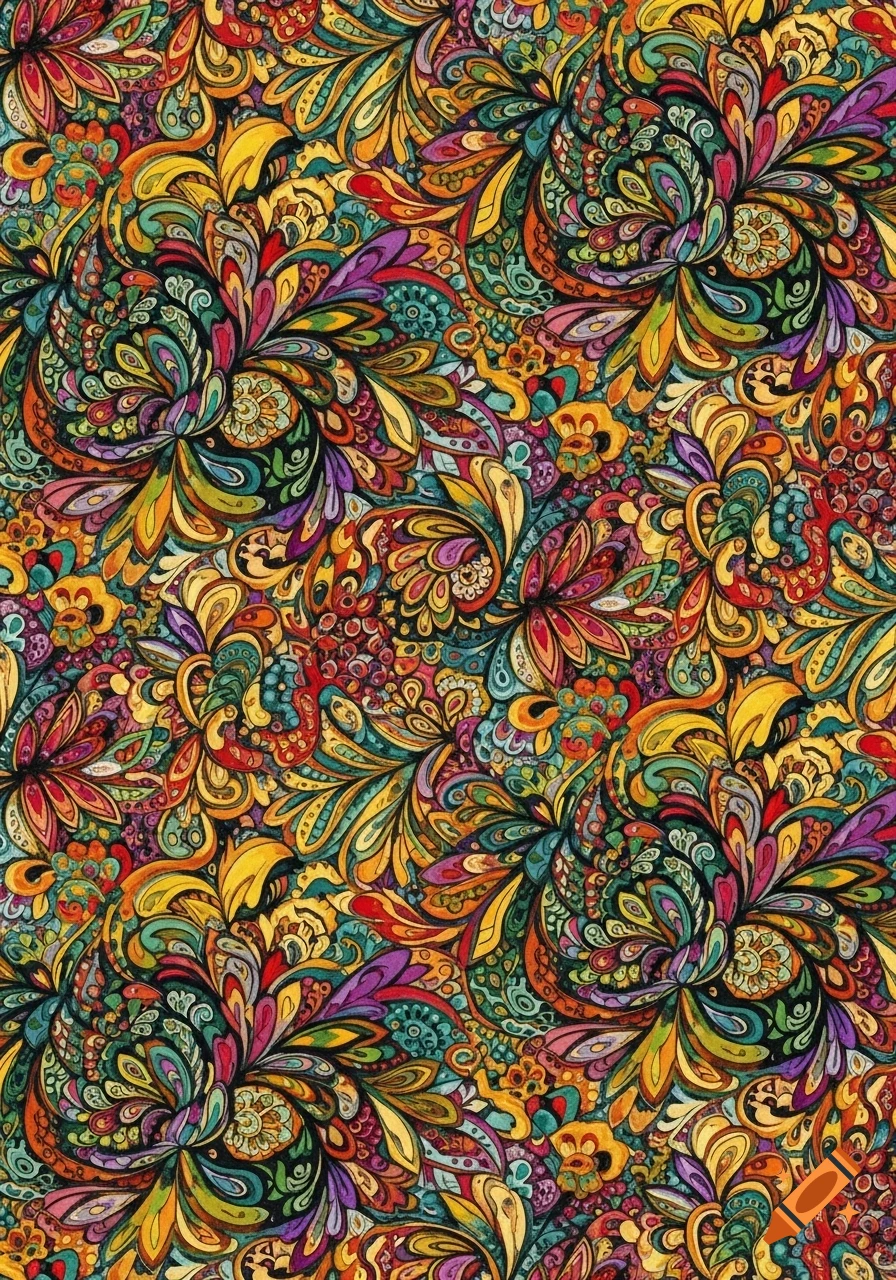 Vibrant, intricate all-over pattern with swirling organic shapes and a psychedelic, colorful aesthetic.