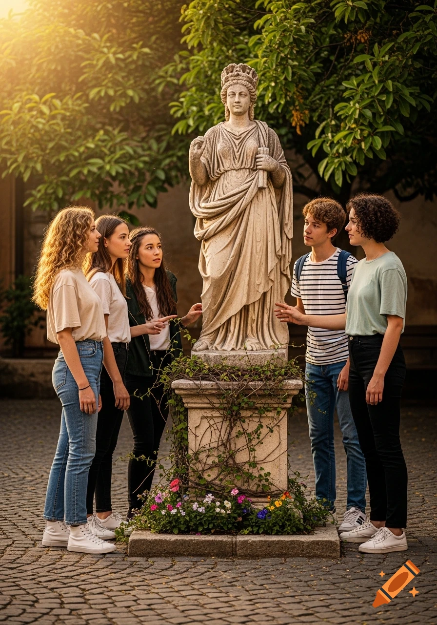 Four teenagers observing a stone statue in a sunlit outdoor courtyard.
