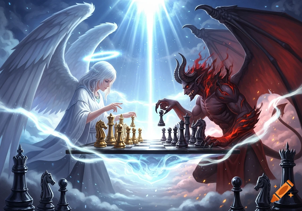 An anime-style digital painting shows a white-winged angel and a red-skinned demon playing chess in the clouds.