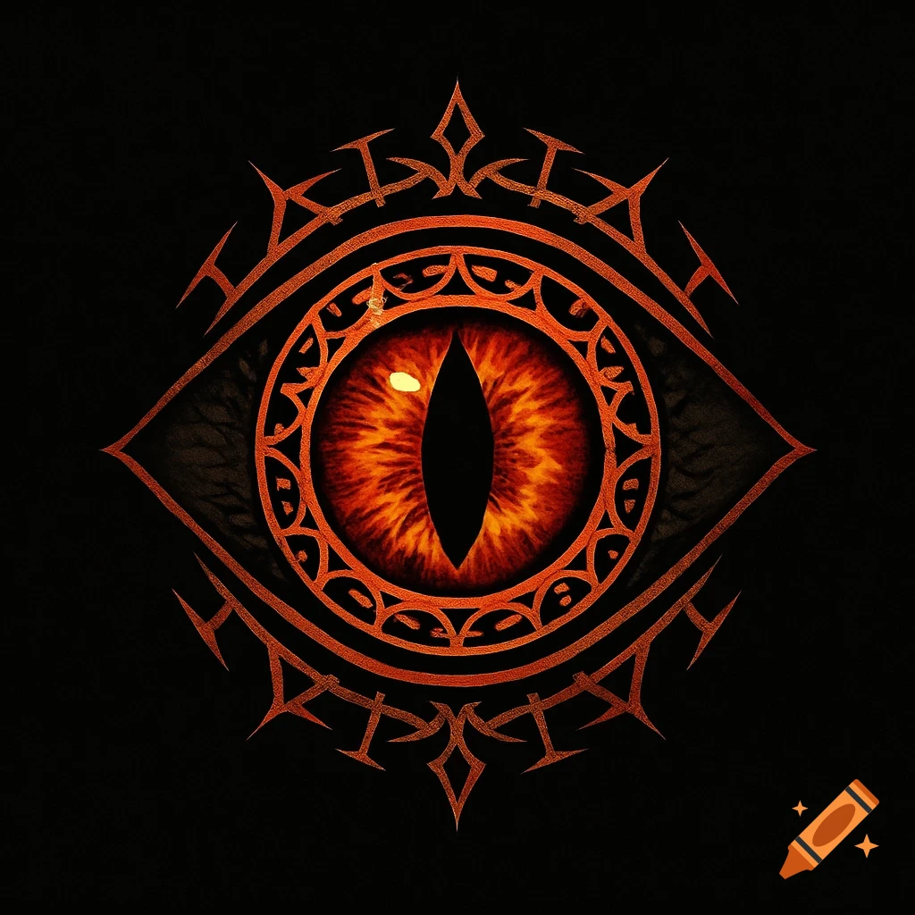 A stylized demonic eye with a fiery red-orange iris and vertical pupil, set within an ornate, spiky dark orange frame on a black background.