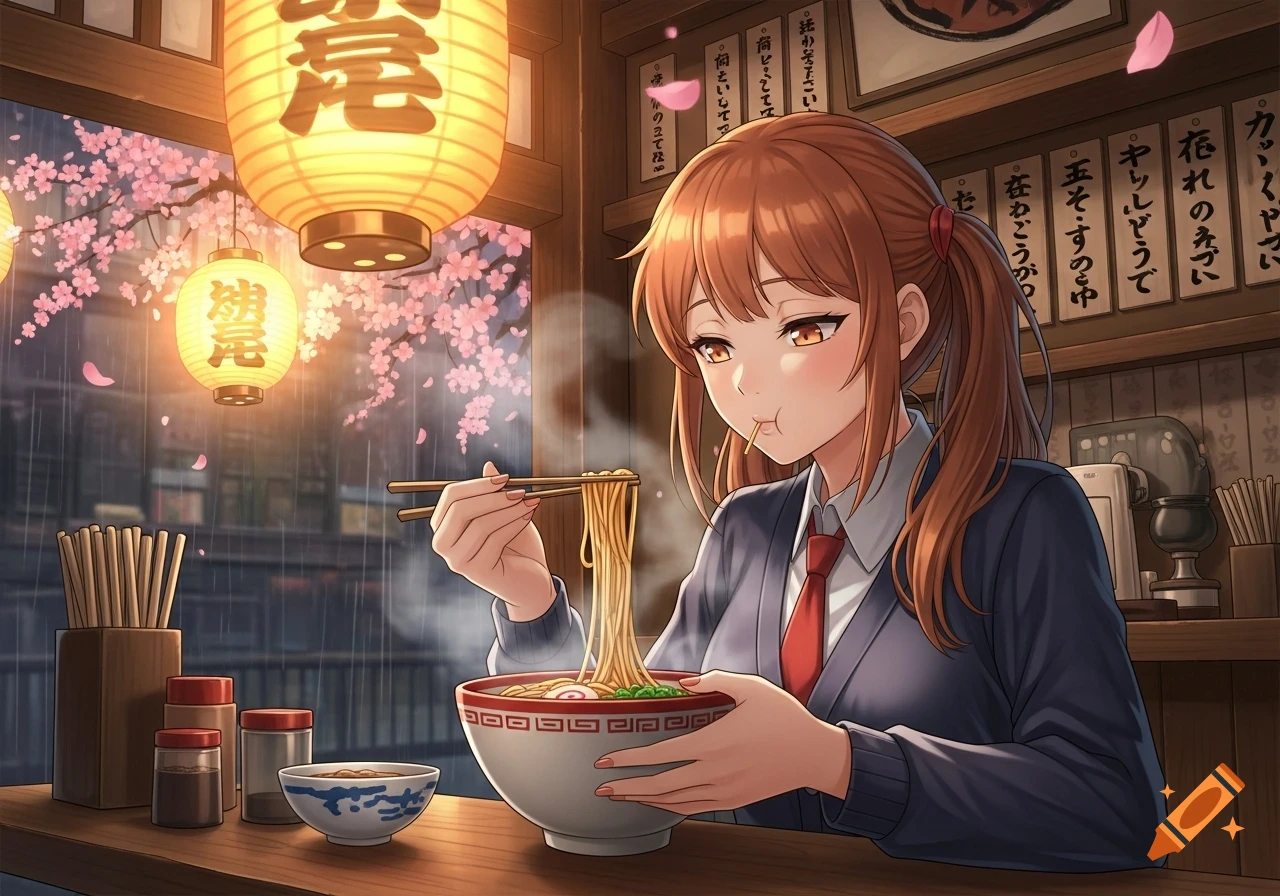 An anime girl with brown pigtails eats ramen with chopsticks in a Japanese restaurant, with cherry blossoms visible outside the window.