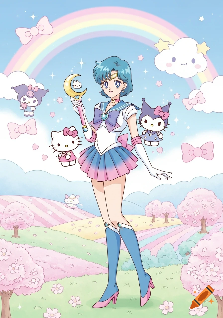 Sailor Mercury stands in a pastel landscape with a rainbow, holding a moon scepter, surrounded by Hello Kitty, Kuromi, and a cloud character.
