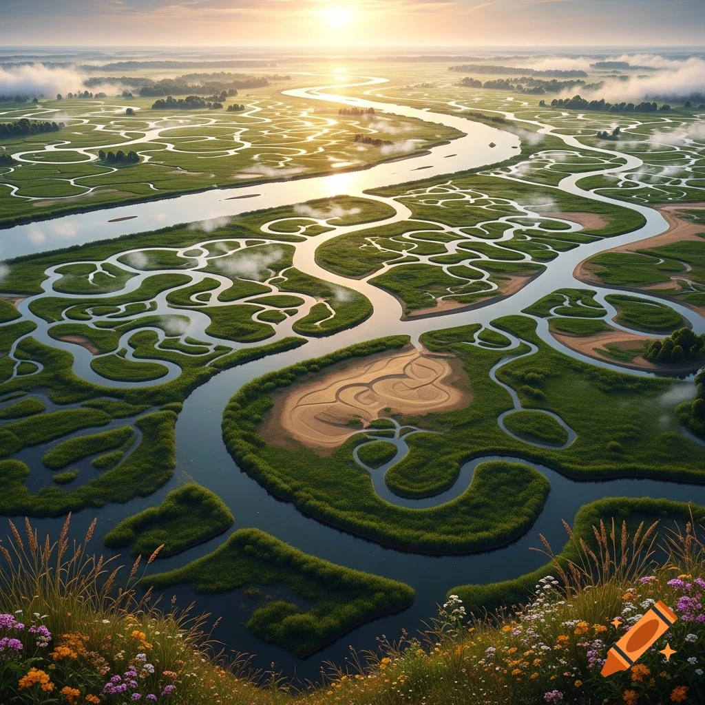 Aerial view of a winding river delta through lush green marshlands at sunrise, with wildflowers in the foreground.