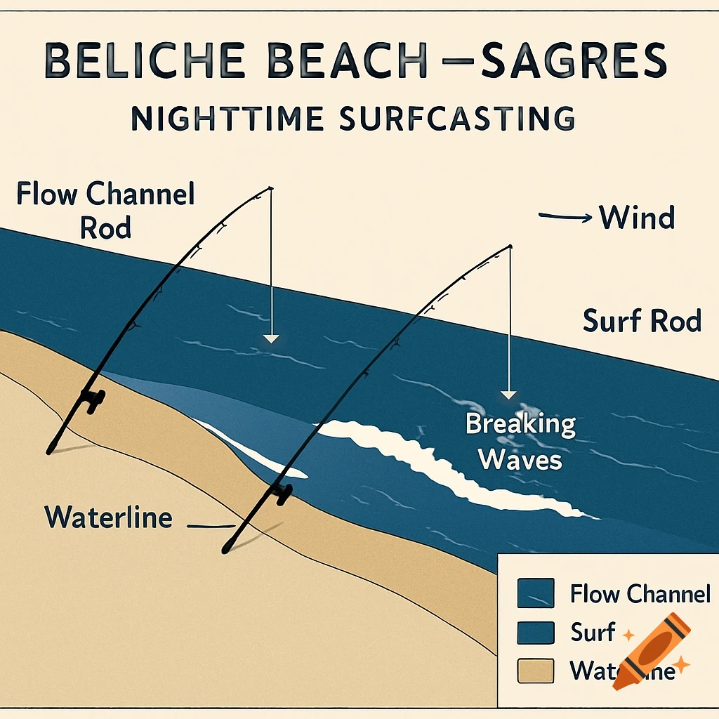 A schematic diagram illustrating nighttime surfcasting at Beliche Beach, Sagres. It shows two fishing rods, one for a flow channel and one for breaking waves, with labels for wind, waterline, and a legend.