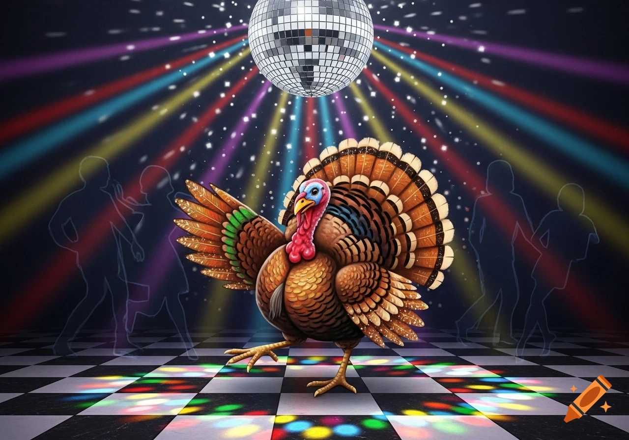A cartoon turkey disco dancing under a shimmering disco ball, surrounded by colorful lights on a black and white checkered dance floor.