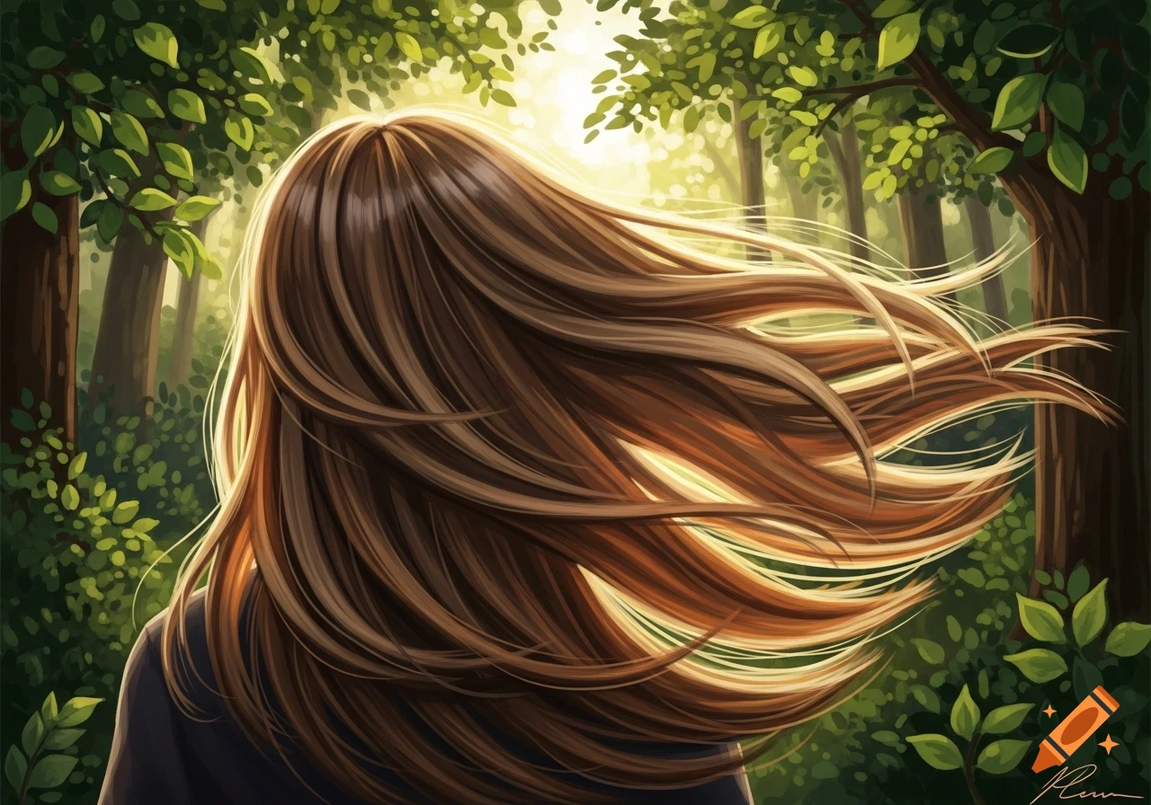 Illustration of a person from behind, with long brown hair blowing in a sunlit forest.