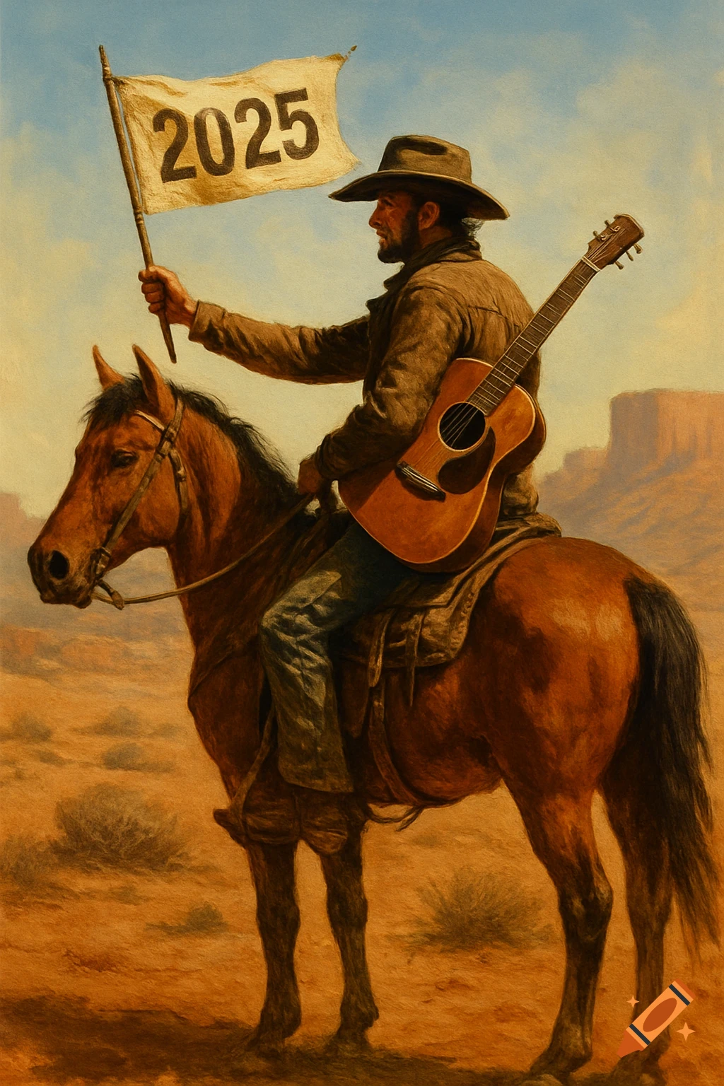 A cowboy riding a brown horse in a desert, holding a flag with '2025' on it, and carrying a guitar.