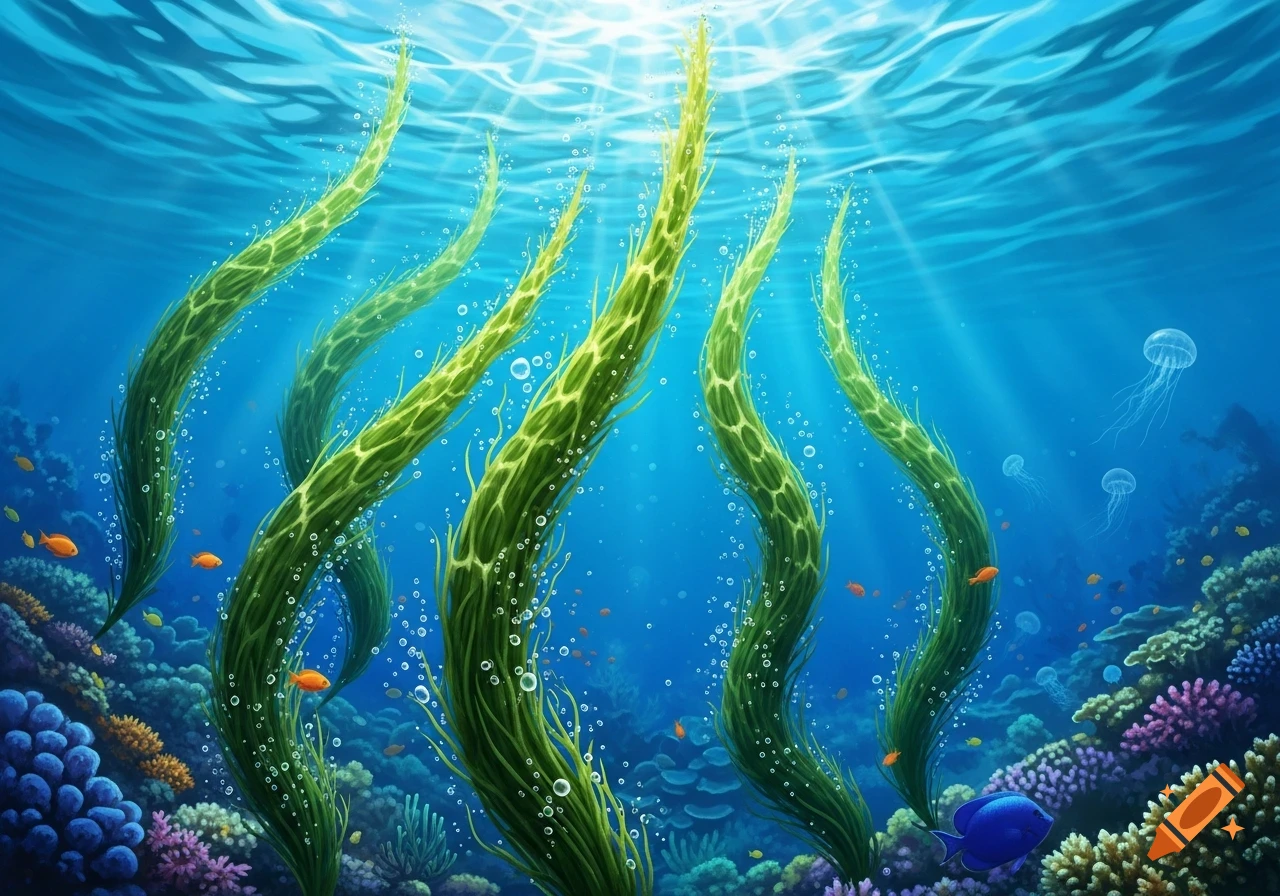 Vibrant underwater scene with tall green kelp, colorful coral, various fish, and jellyfish under sunlit water.