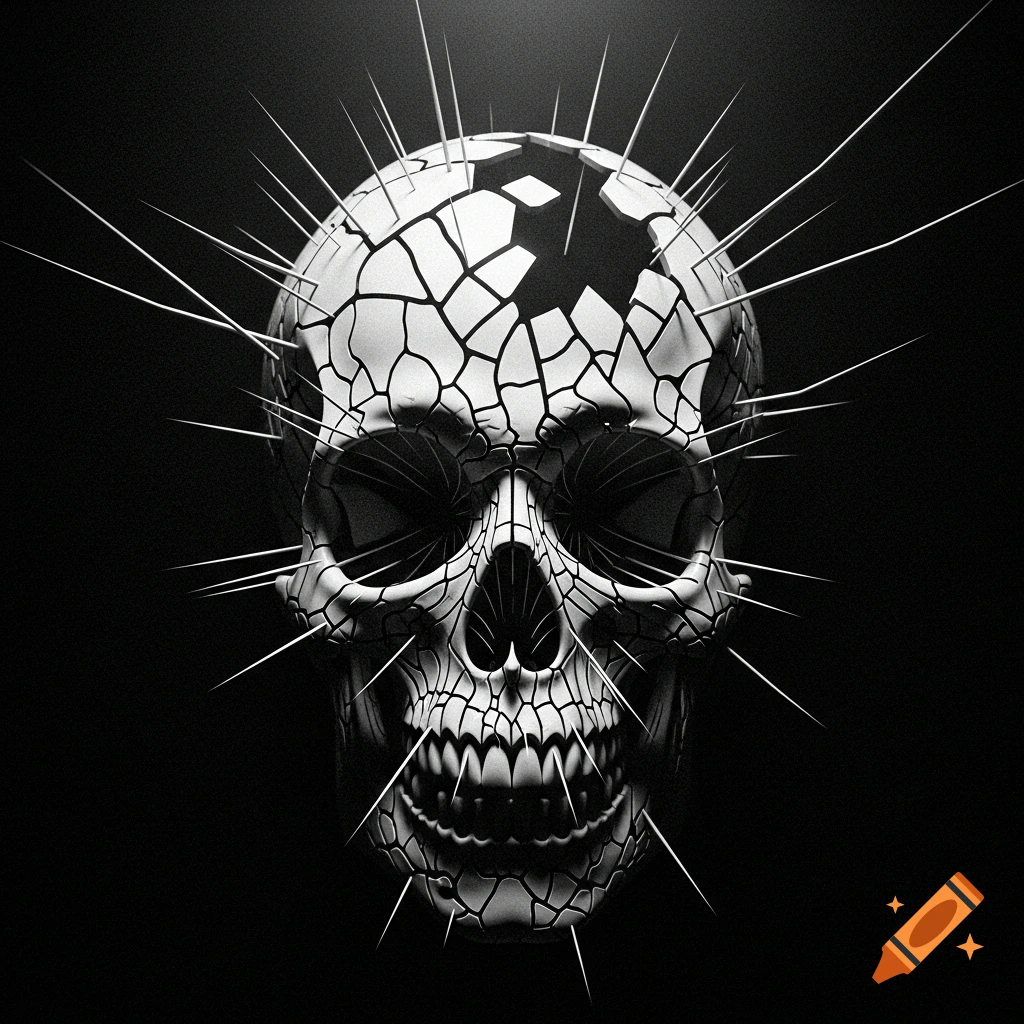 A detailed black and white fractured skull with sharp spikes on a dark background.