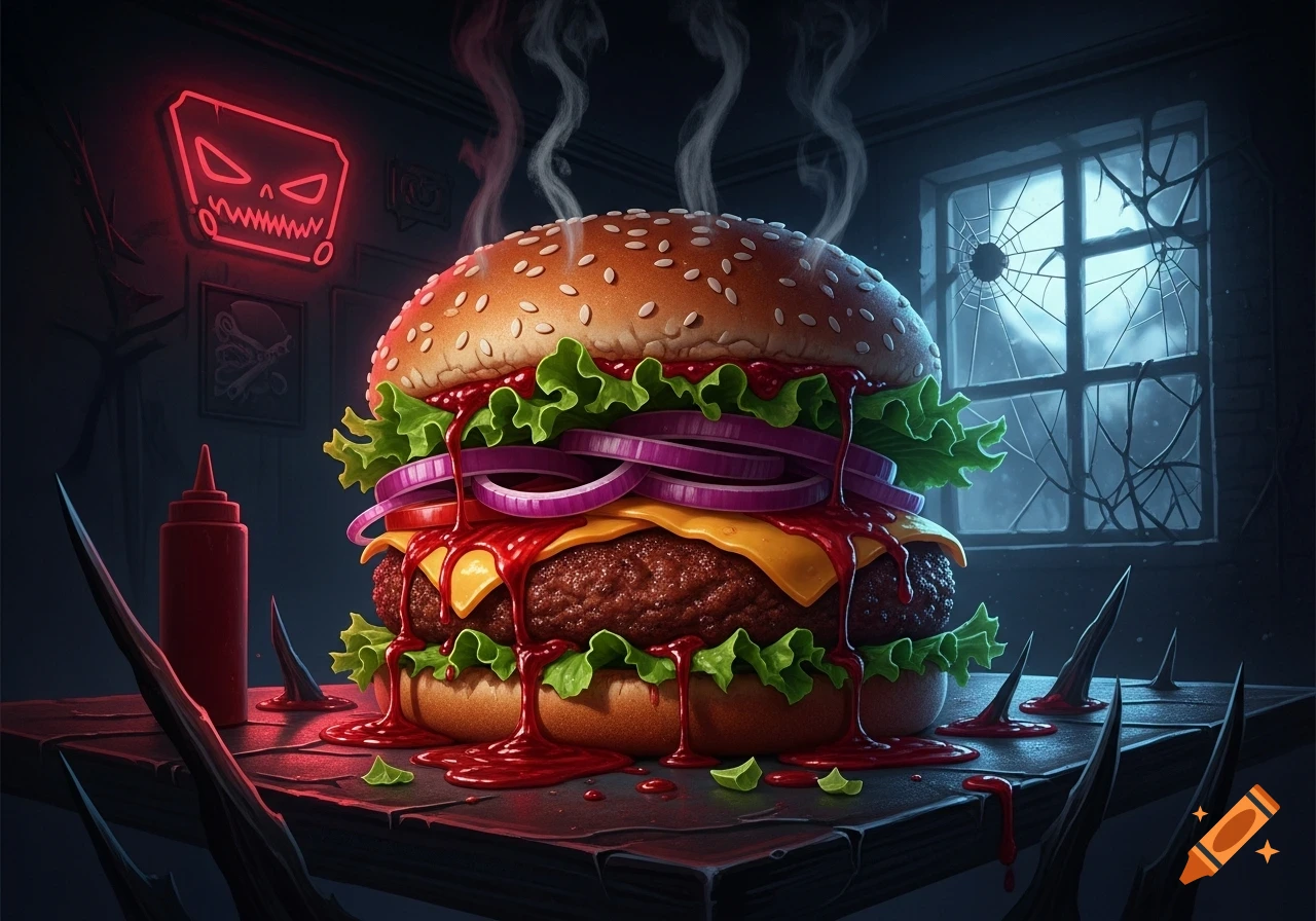 A steaming burger with dripping red sauce, cheese, lettuce, and onions, sits on a spiked table in a dark, horror room with a glowing red skull neon sign.