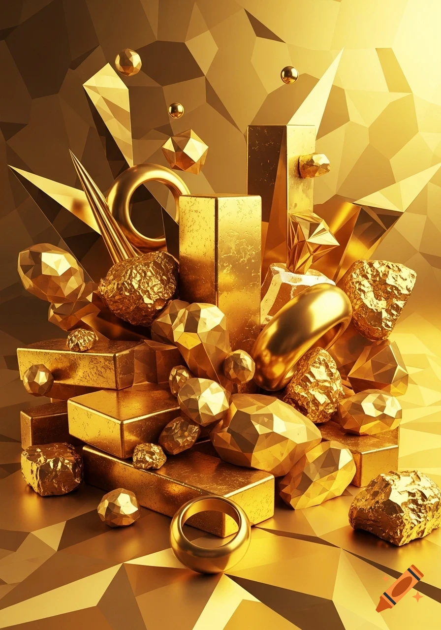 A pile of shiny gold objects, including bricks, rings, nuggets, and geometric shapes, on a faceted gold background.