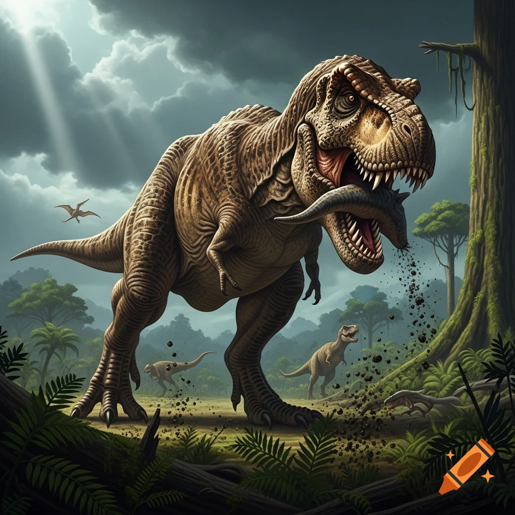 A colossal T-rex devours a smaller dinosaur in a lush, prehistoric jungle under dramatic, cloudy skies with sunrays.