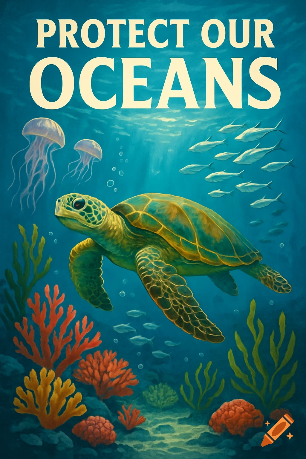 Illustrated poster of a sea turtle, jellyfish, and fish in a vibrant coral reef, with the text 'PROTECT OUR OCEANS'.