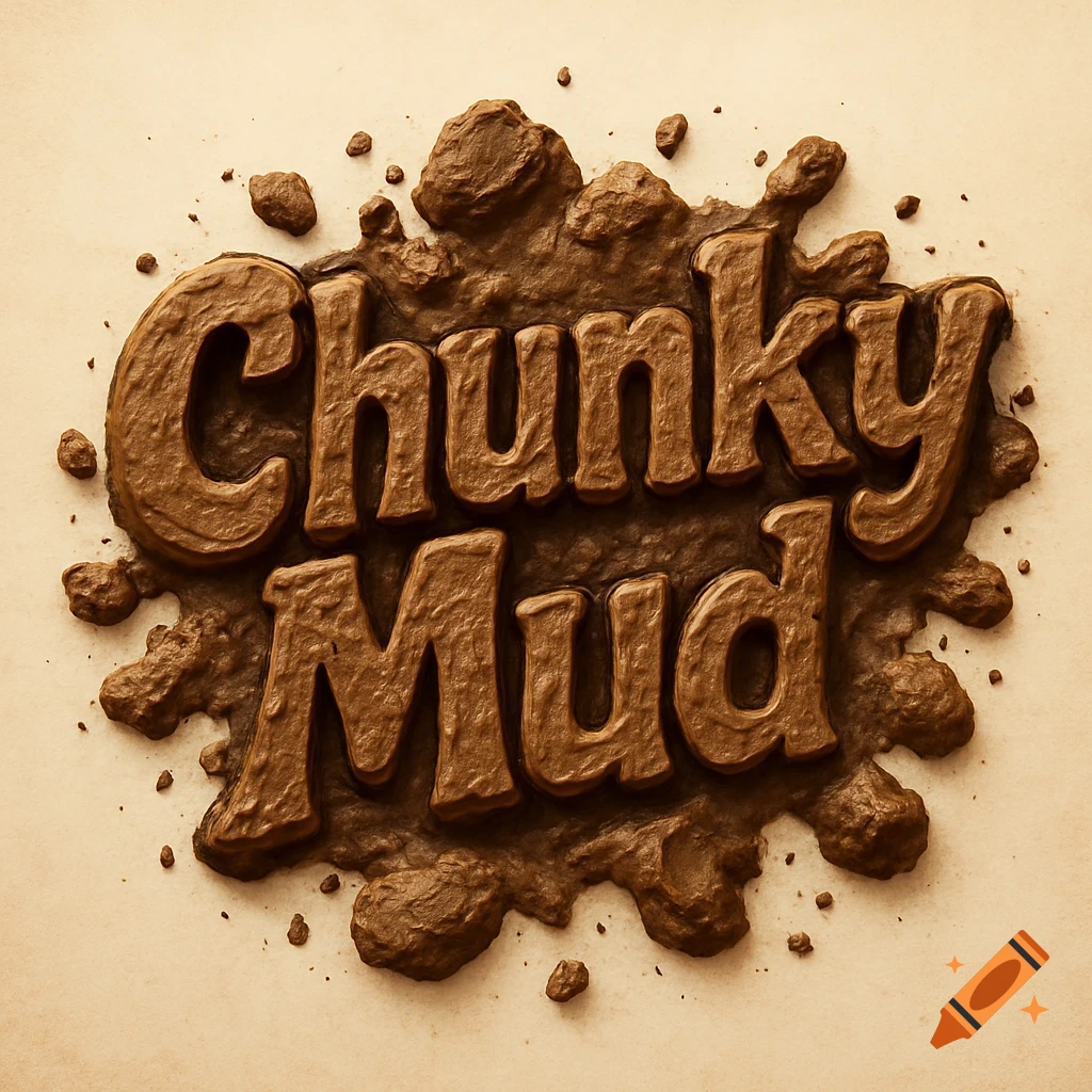 3D rendering of 'Chunky Mud' text made of textured brown mud with splatters on a light background.