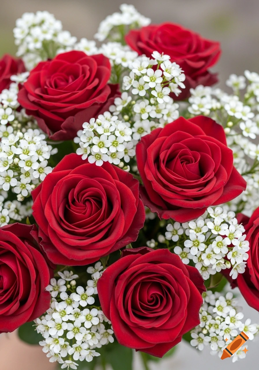 A vibrant, photorealistic bouquet of deep red roses and delicate white small flowers.