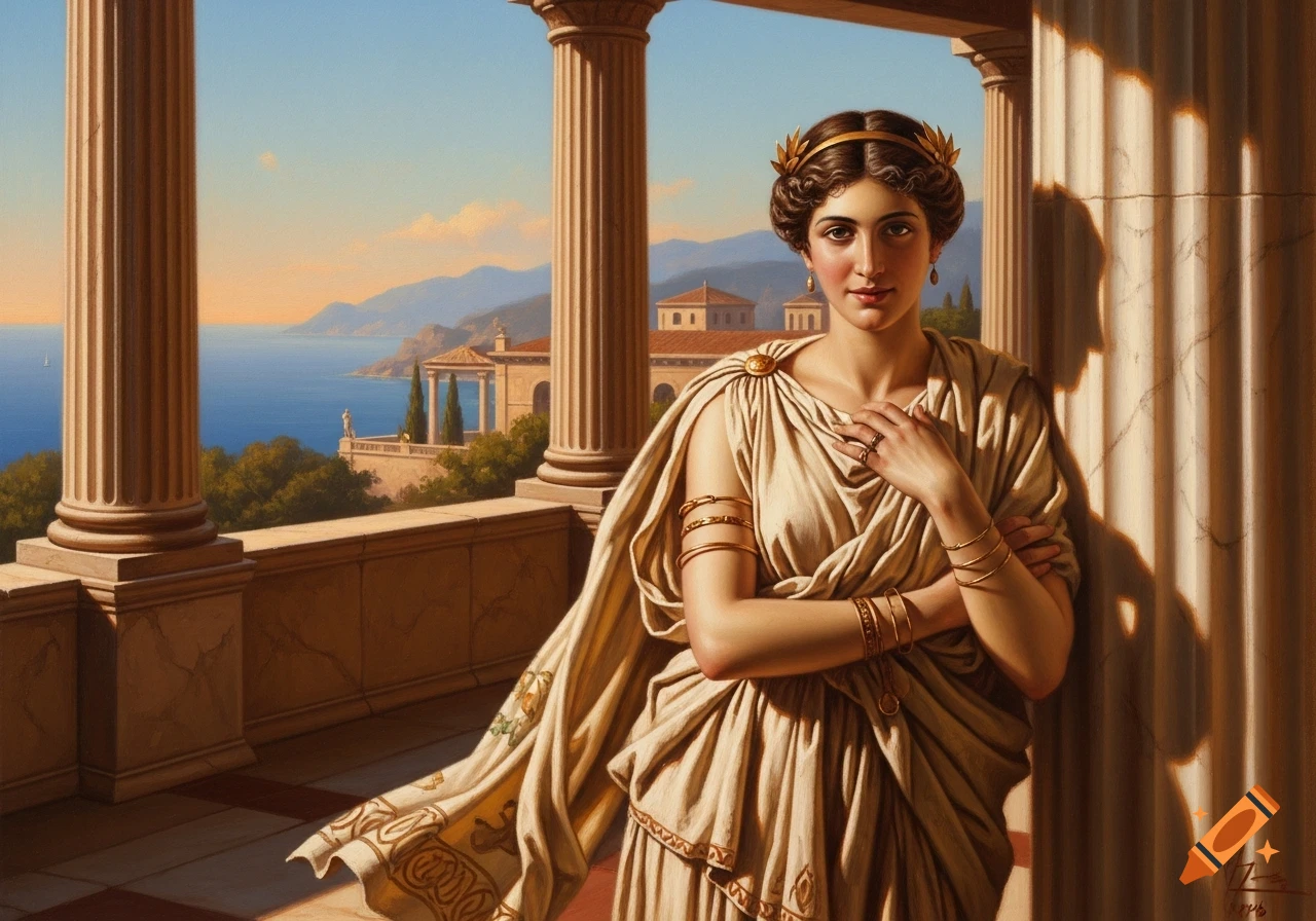 Dramatic classical oil painting of a Roman noblewoman by a seaside villa, with ocean and mountains in background.