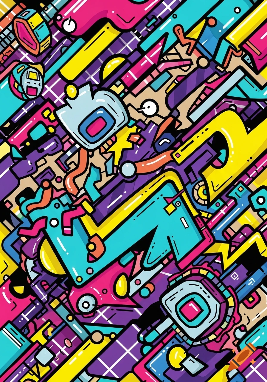 Vibrant abstract pattern with geometric shapes and lines in a 90s cartoon style, featuring bright pink, yellow, teal, and purple.