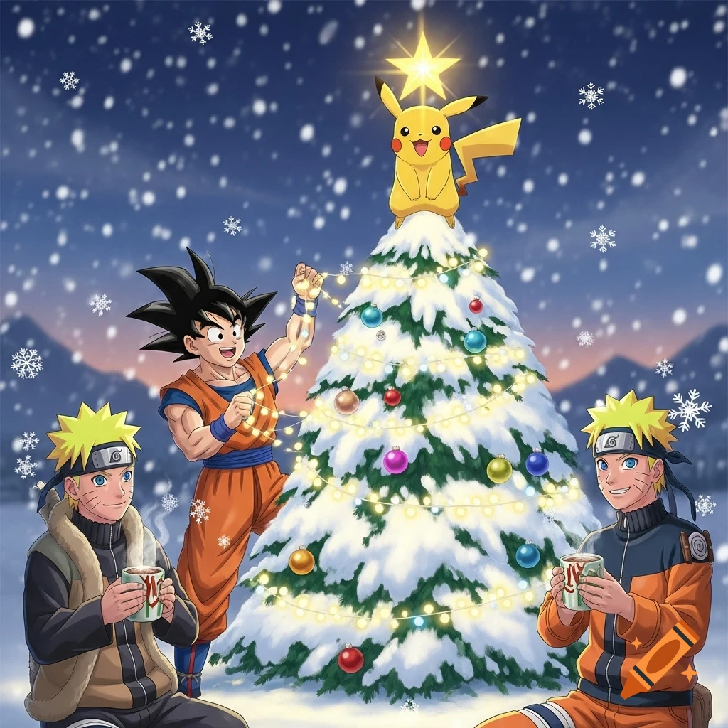 Goku, Naruto, and a second Naruto character decorate a snow-covered Christmas tree with Pikachu on top, in a snowy landscape.